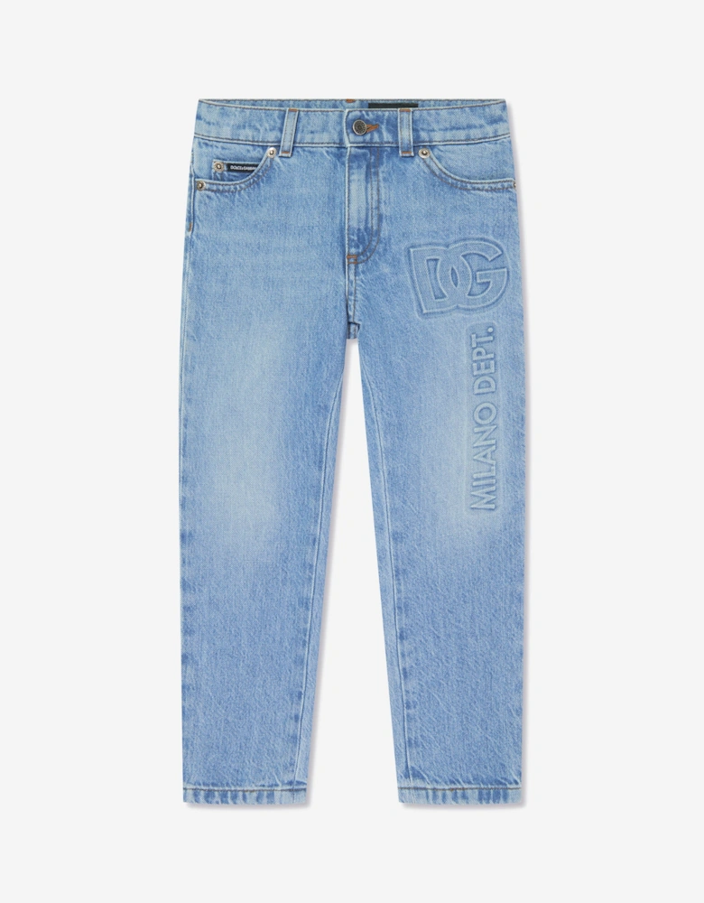 Boys Embossed Logo Skinny Jeans in Blue