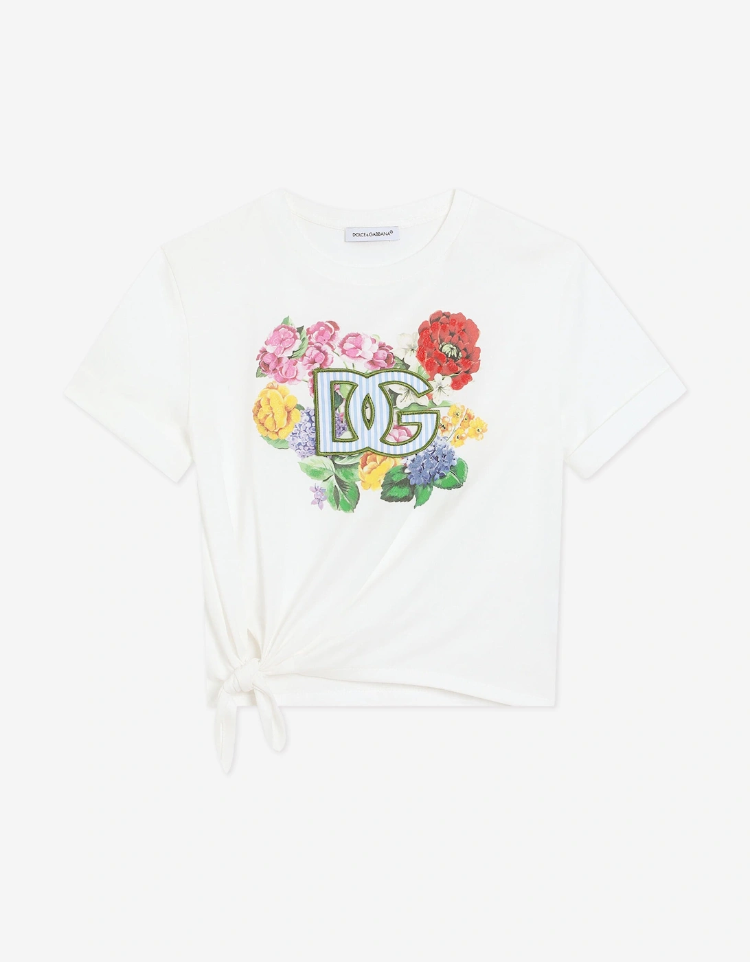 Girls Floral Logo Tie Front T-Shirt in White, 6 of 5