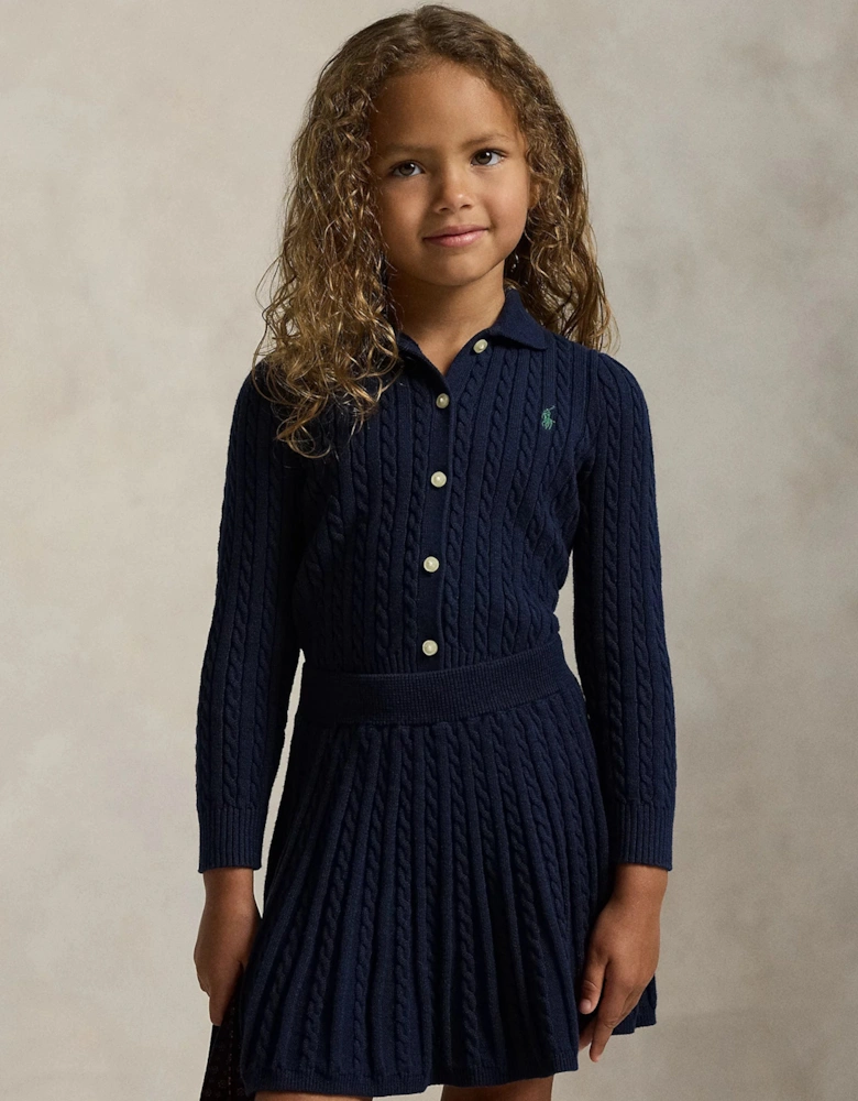 Girls Cable Knit Cardigan and Skirt Set in Navy