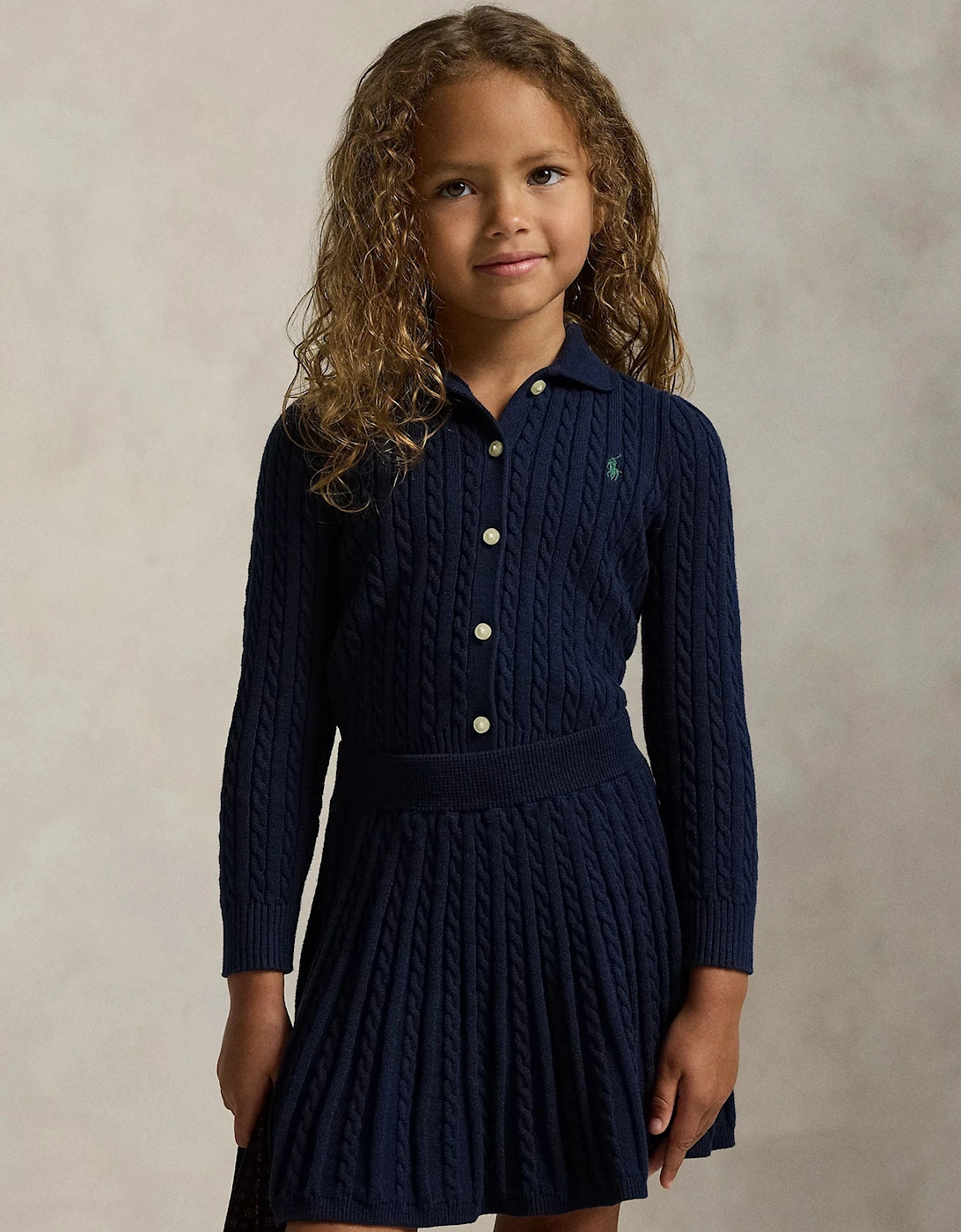 Girls Cable Knit Cardigan and Skirt Set in Navy
