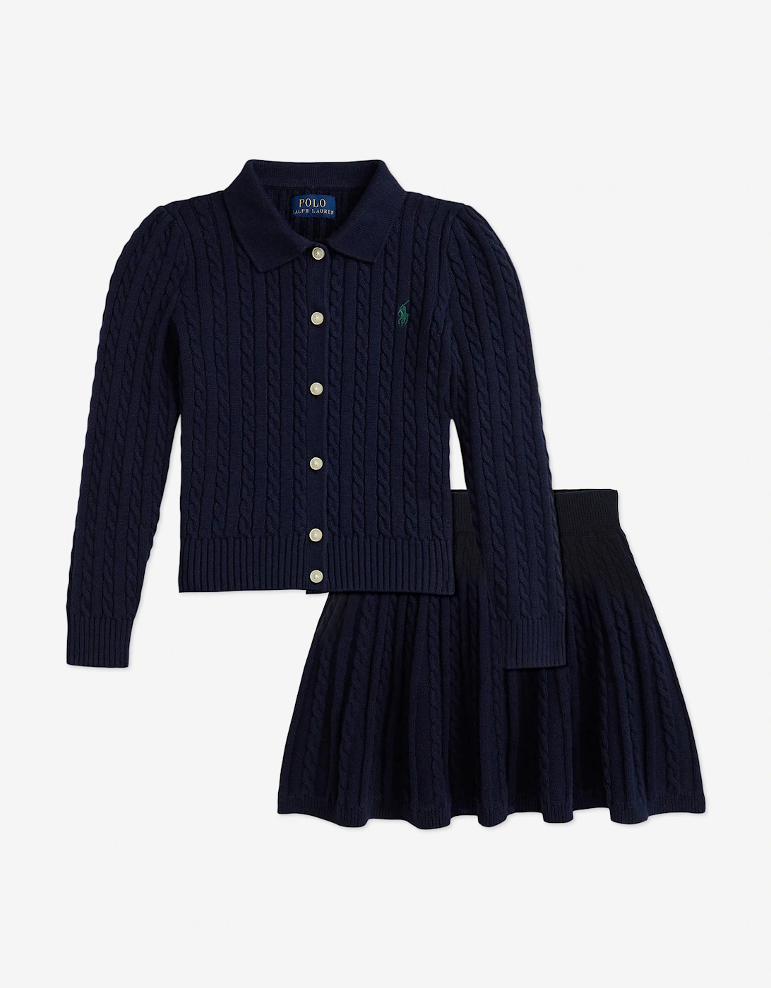 Girls Cable Knit Cardigan and Skirt Set in Navy, 6 of 5