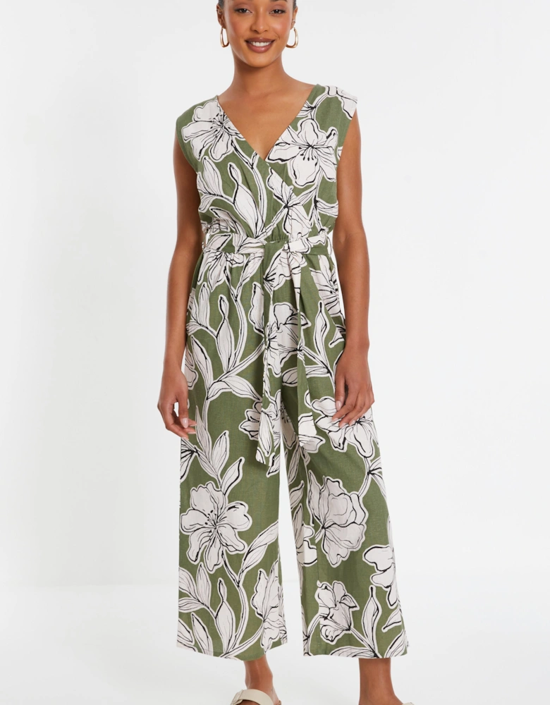 Green Tropical Print Wrap Jumpsuit