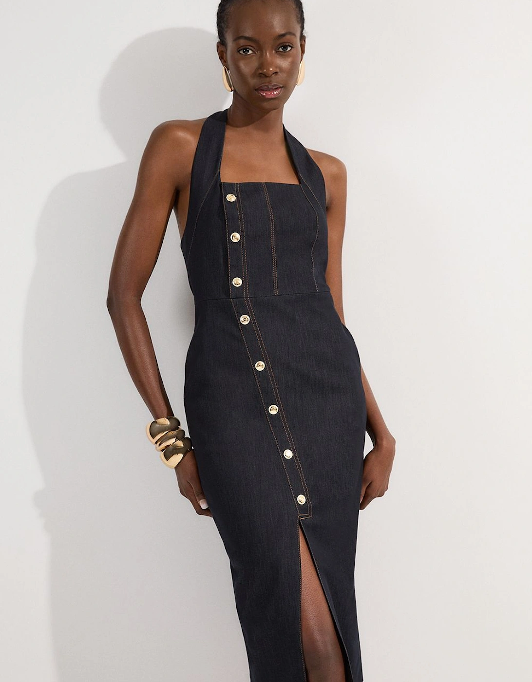 Tailored Denim Halter Neck Pencil Midi Dress, 2 of 1