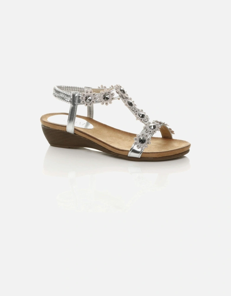 Low Wedge Heel Strappy T-Bar Flower Slingback  Sandals