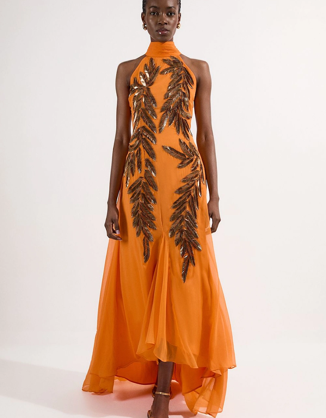 Halter Neck Feather Sequin Detail Woven Maxi Dress, 2 of 1