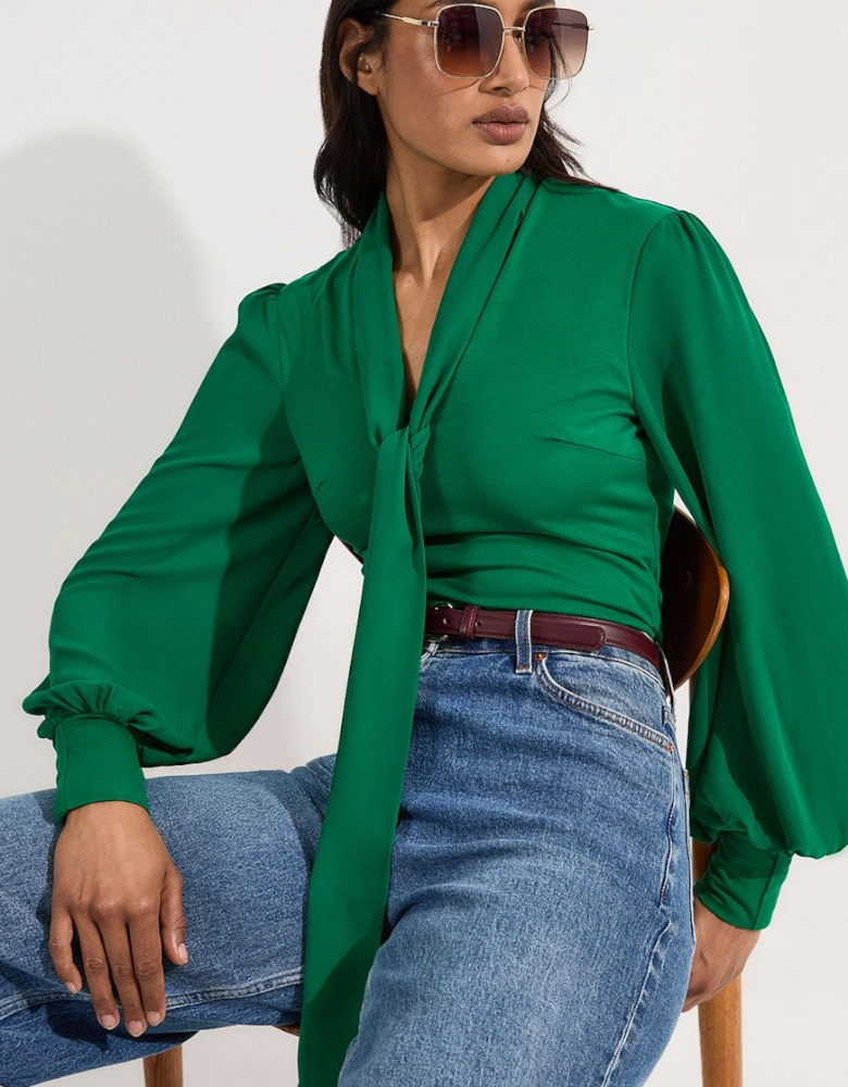 Jersey Ponte And Georgette Mix Tie Neck Long Sleeve Bodysuit