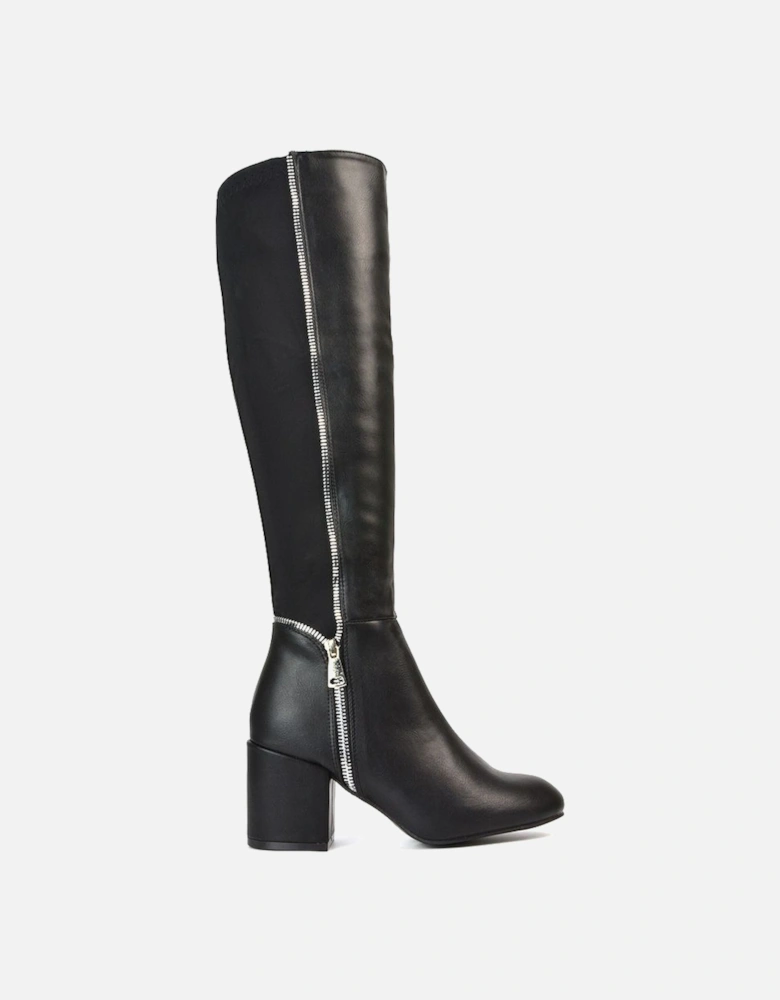 'Ronald' Silver Zip Up Knee High Boots With Mid Block Heel