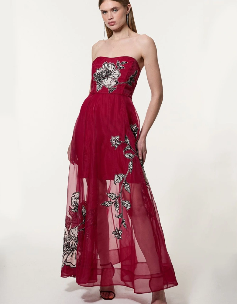 Floral Applique Organdie Woven Bandeau Maxi Dress