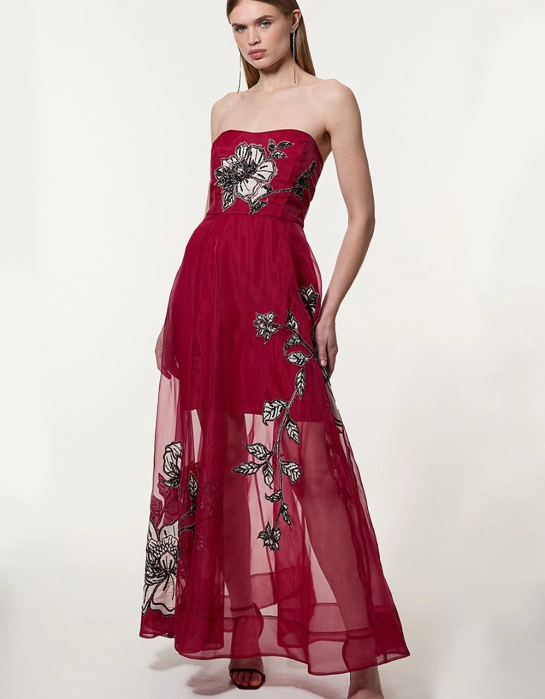 Floral Applique Organdie Woven Bandeau Maxi Dress, 2 of 1