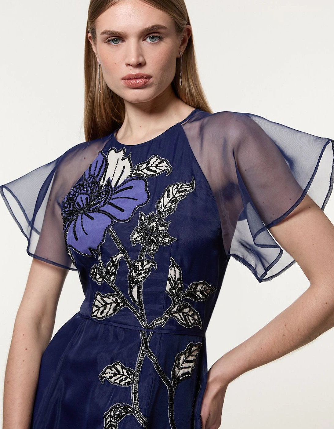 Short Sleeve Sleeve Floral Applique Organdie Woven Maxi Dress, 2 of 1