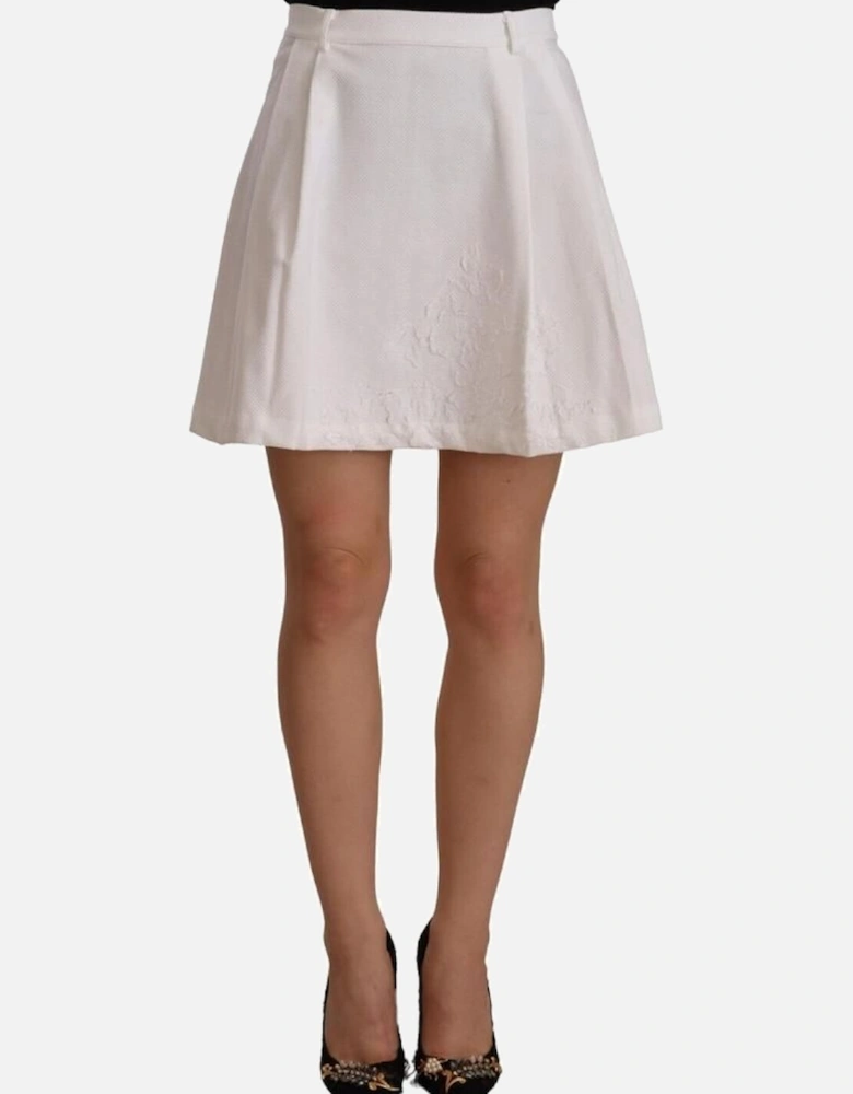 Pleated Embroidered Mini Skirt - White