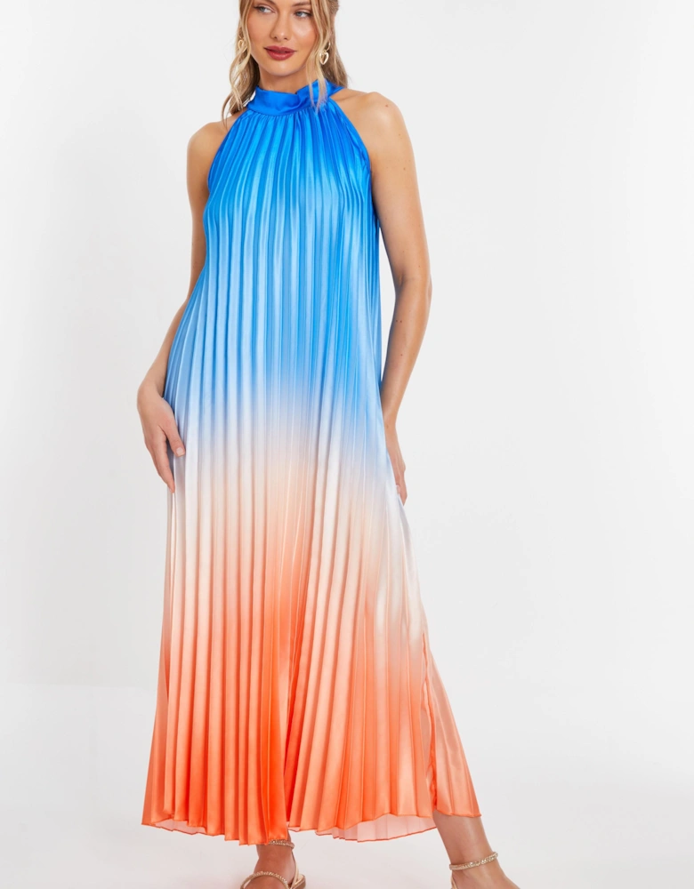 Multi Satin Ombre Pleated Maxi Dress