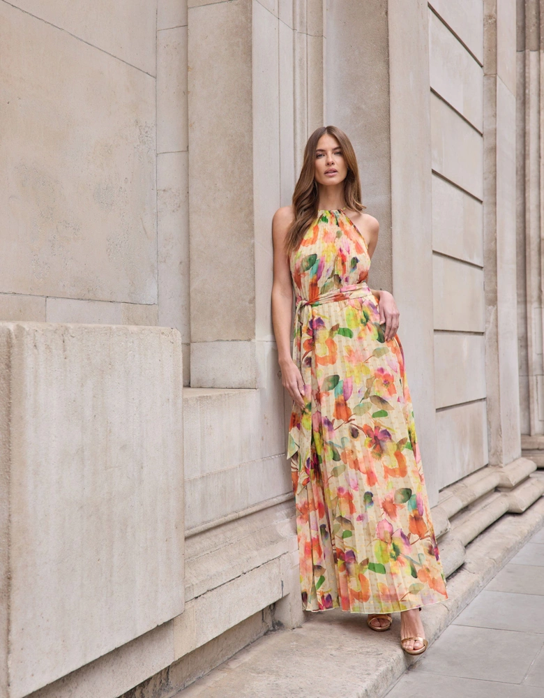 Abstract Pleated Halter Neck Maxi Dress