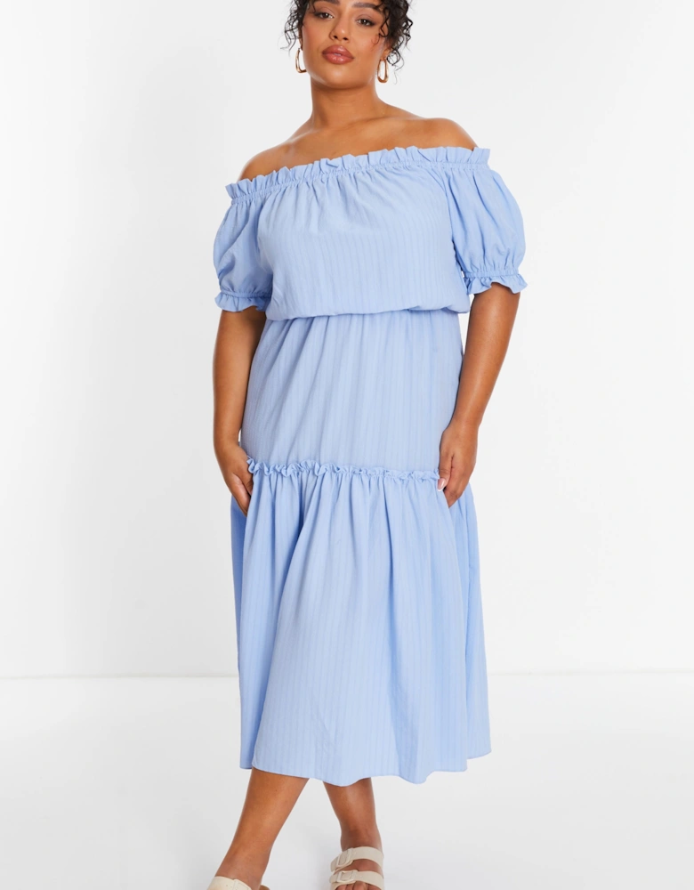 Blue Curve Textured Bardot Midaxi Dress