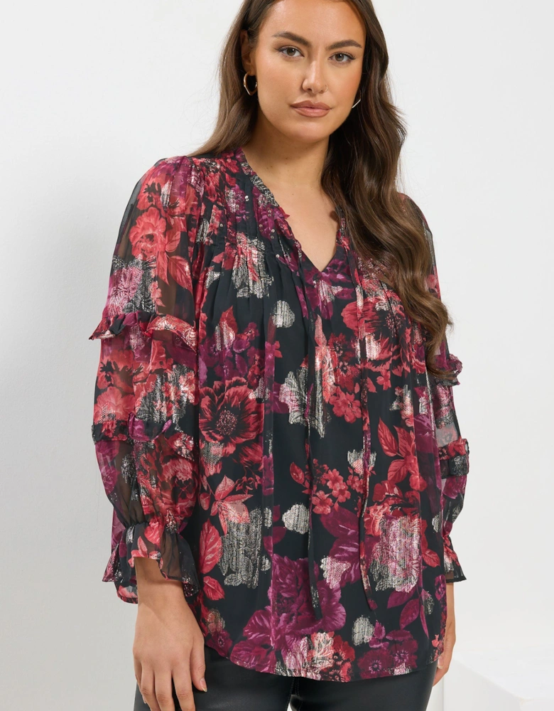 Metallic Tie Neck Blouse