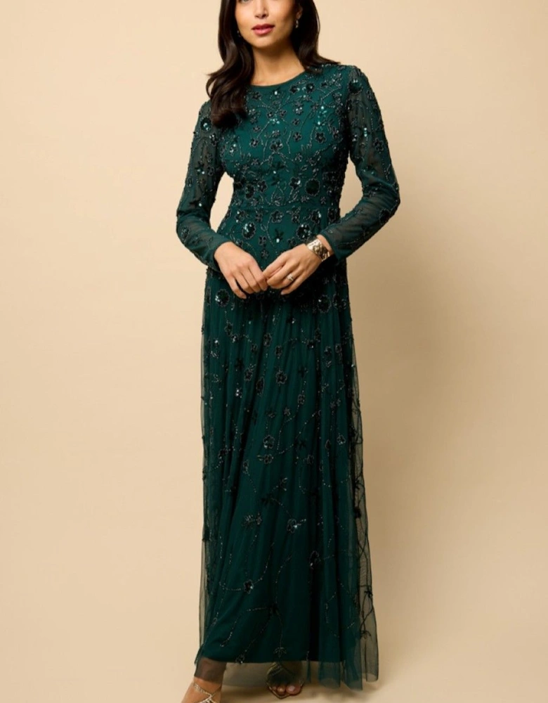 Teal Long Sleeve Embellished Maxi Dress