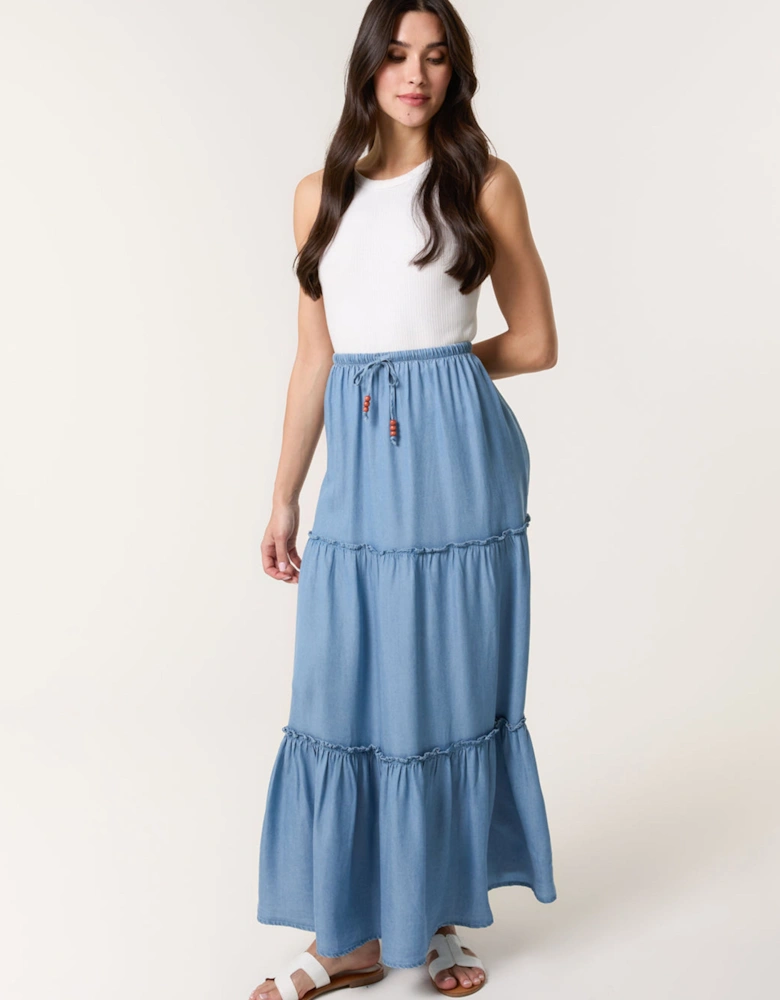 Blue Beaded Tiered Midi Skirt
