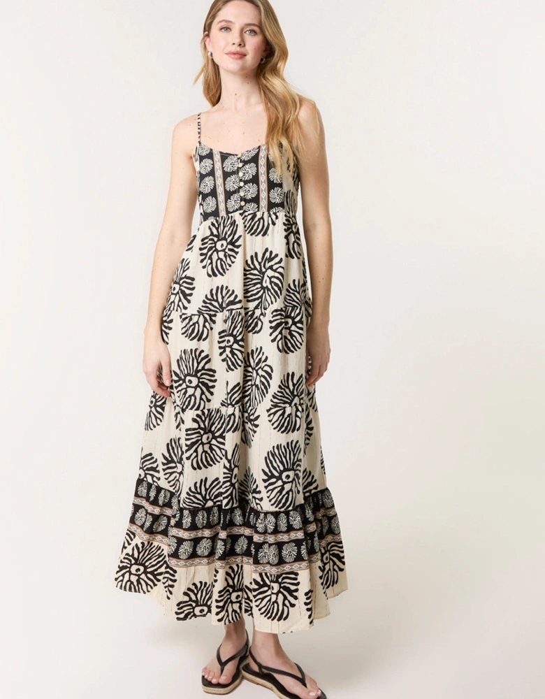 Black Abstract Strappy Button Front Maxi Dress