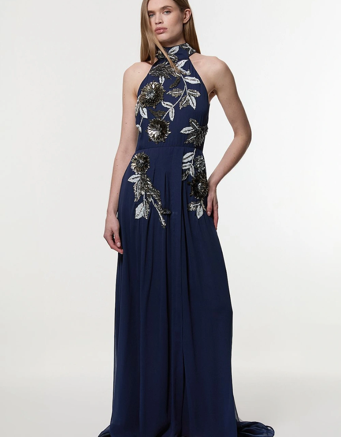 Floral 3D Embellished Halter Tie Neck Woven Maxi Dress, 2 of 1