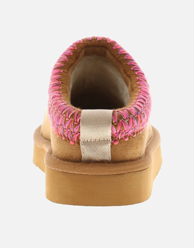 Girls Slippers Mules Chunky Sole Faux Fur Lining Smiles tan UK Size