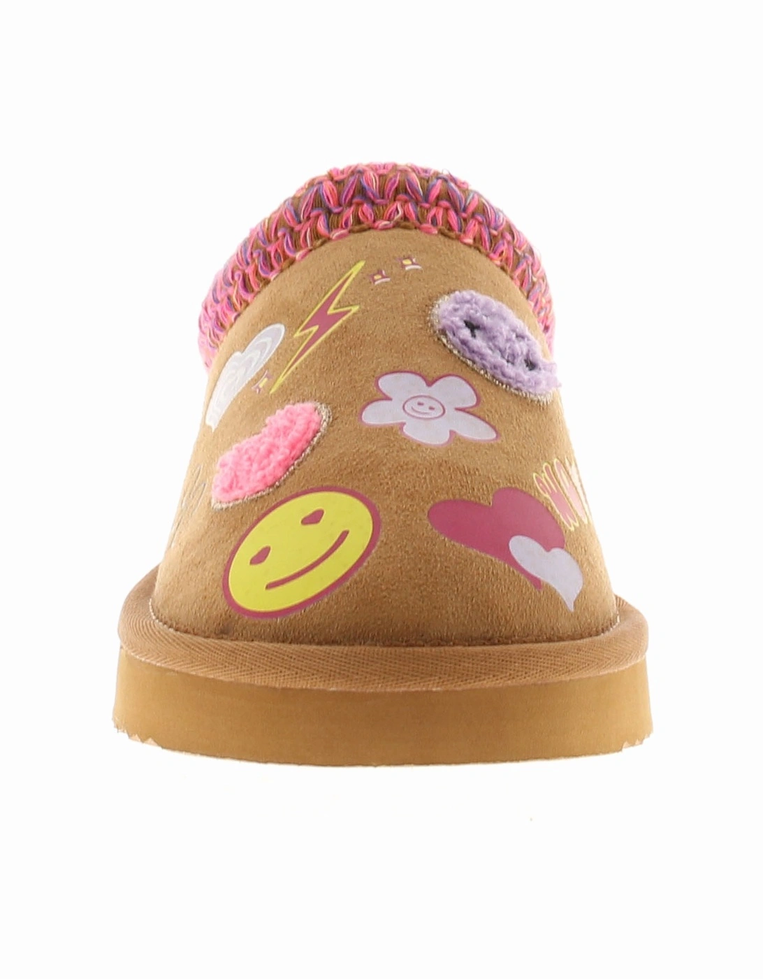 Girls Slippers Mules Chunky Sole Faux Fur Lining Smiles tan UK Size