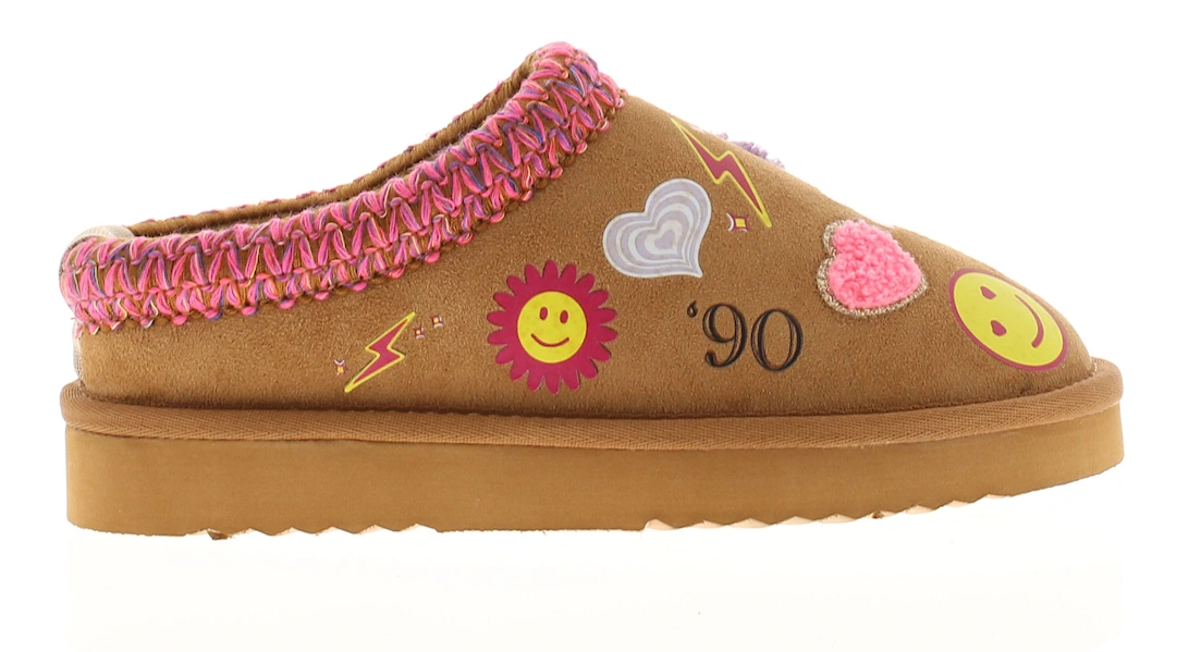 Girls Slippers Mules Chunky Sole Faux Fur Lining Smiles tan UK Size