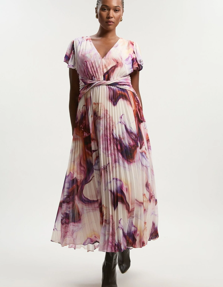 Plus Size Marble Soft Pleated V Neck Woven Maxi Dress