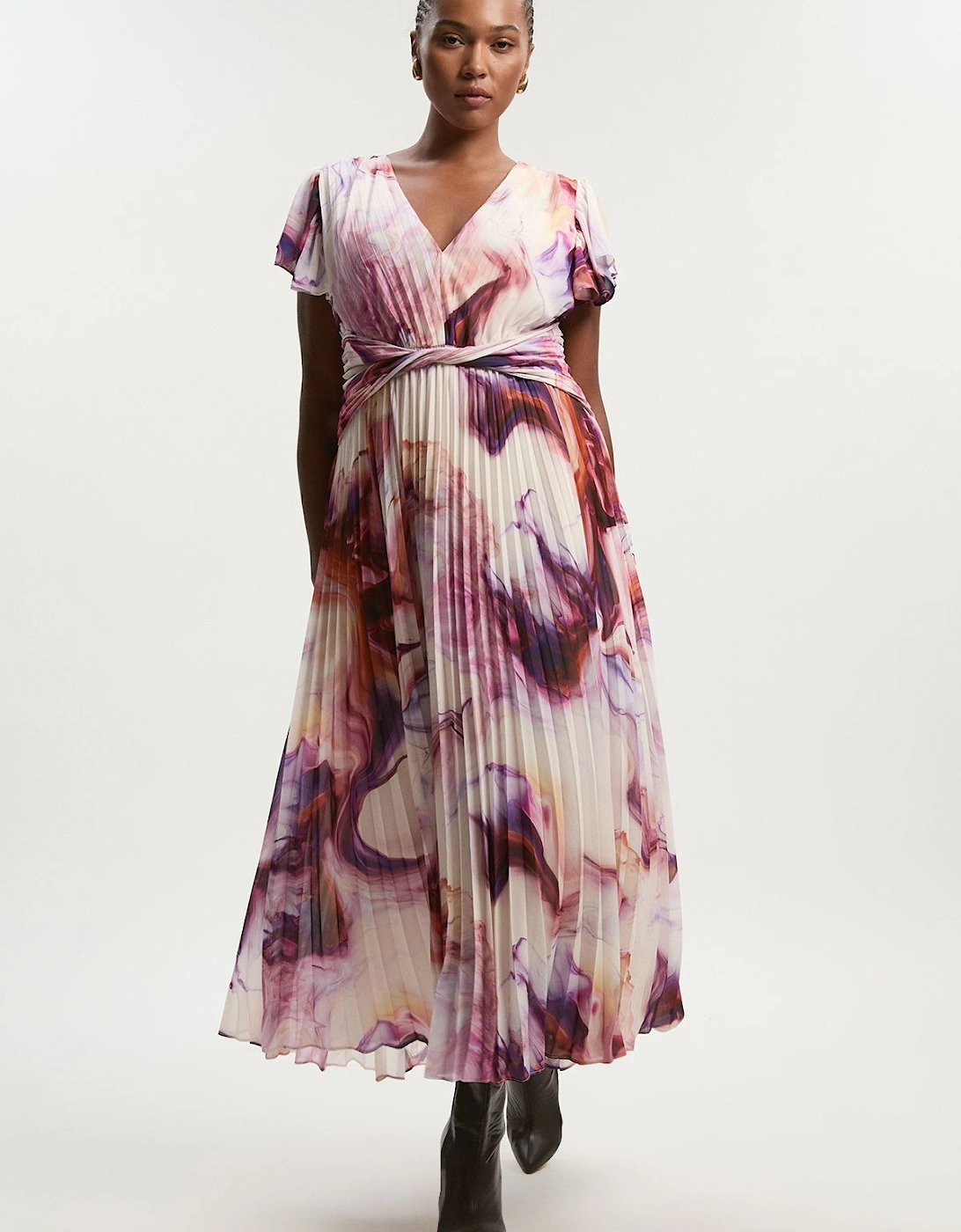 Plus Size Marble Soft Pleated V Neck Woven Maxi Dress, 2 of 1