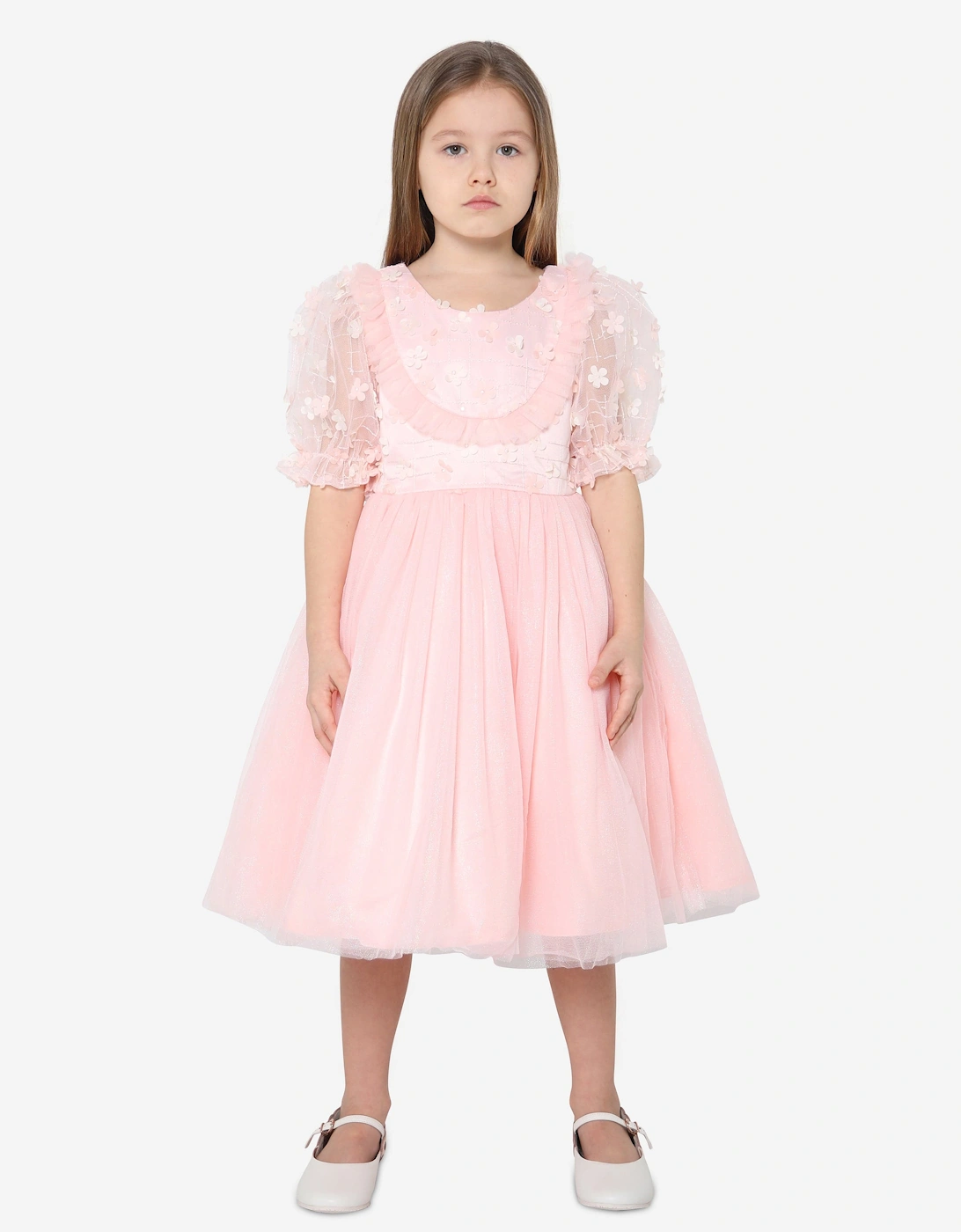 Girls Short Sleeve Embroidered Dress in Pink