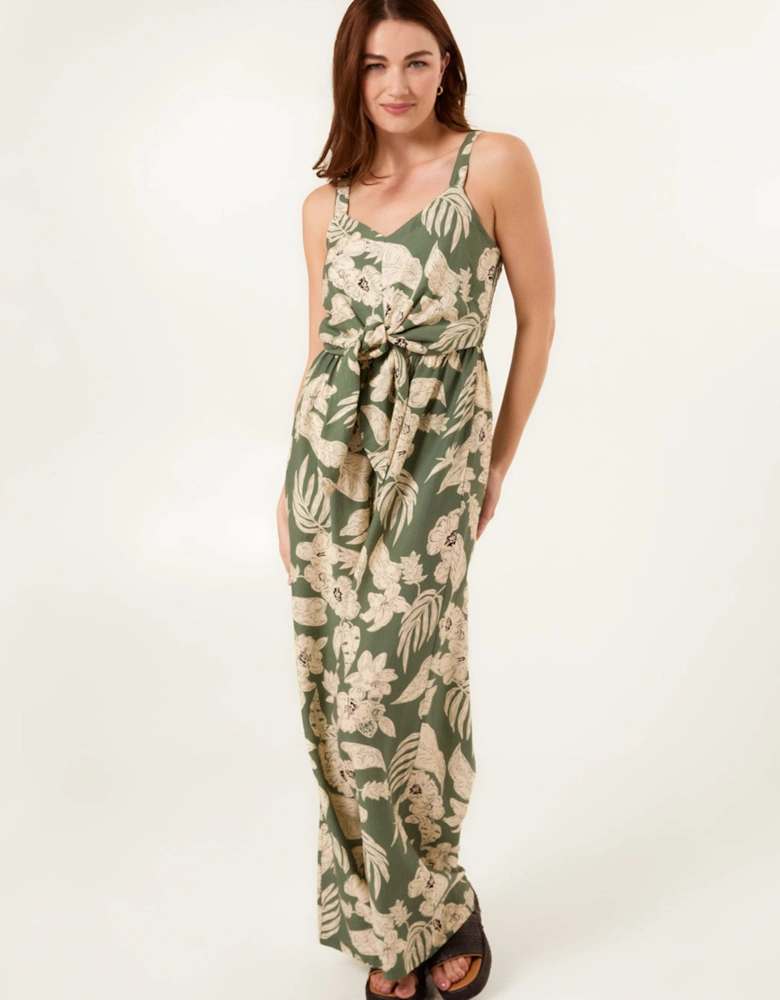 Light Green Tropical Print Tie Front Jumpsuit
