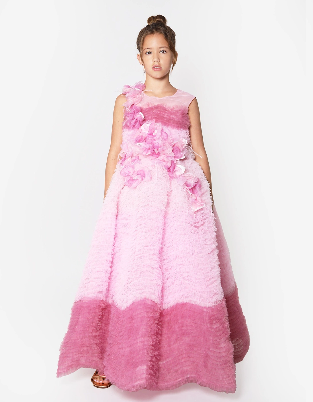 Girls Flower Embellished Degradé Tulle Gown in Pink