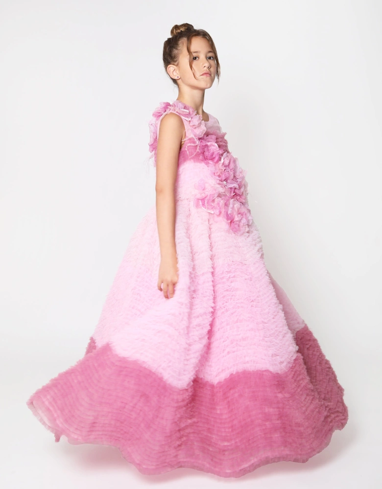 Girls Flower Embellished Degradé Tulle Gown in Pink