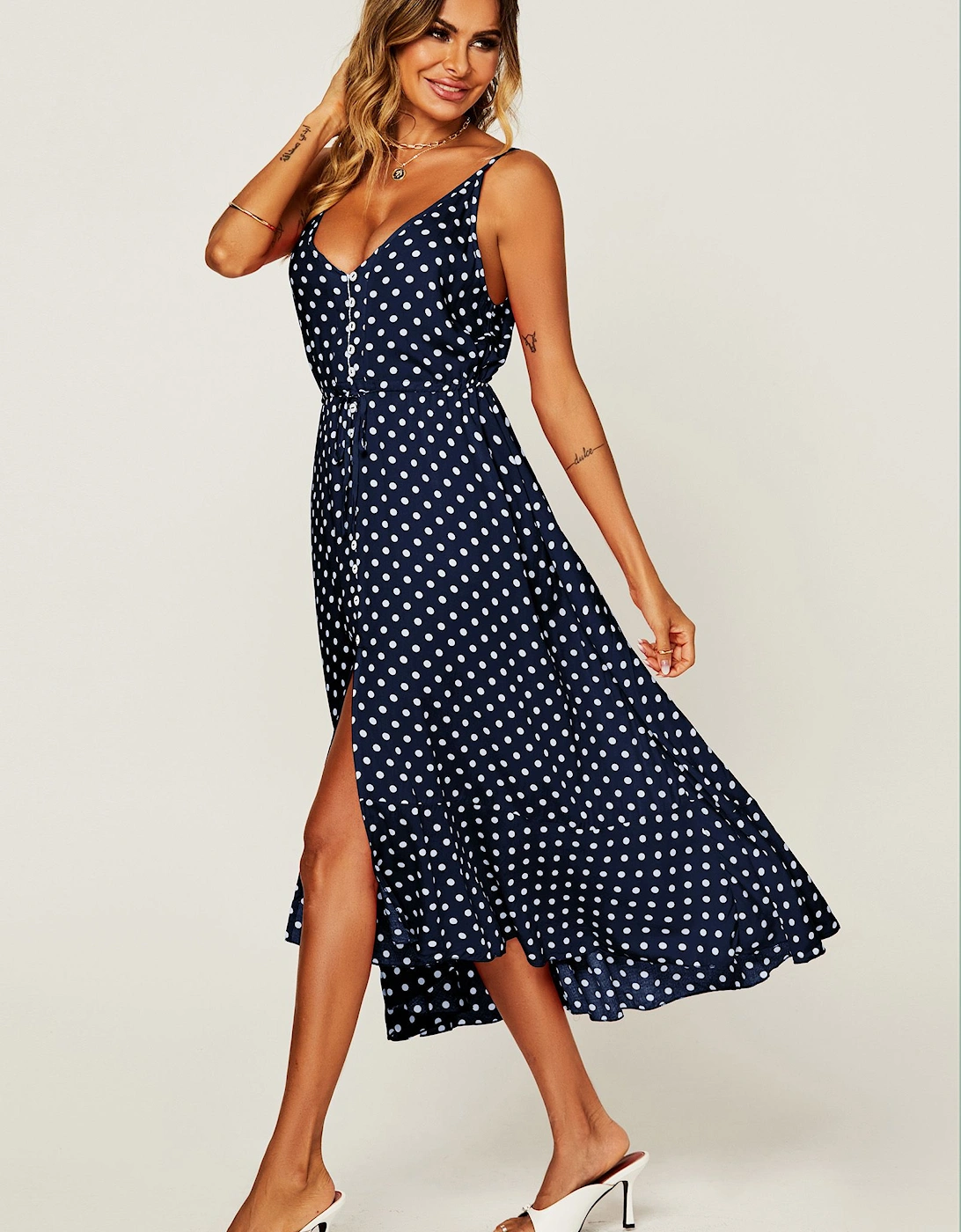 Button Down High Low Strappy Dress In Navy & White Polka Dot, 2 of 1
