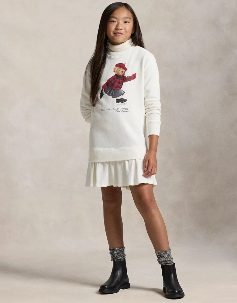 Girls Polo Bear Sweater Dress in Ivory