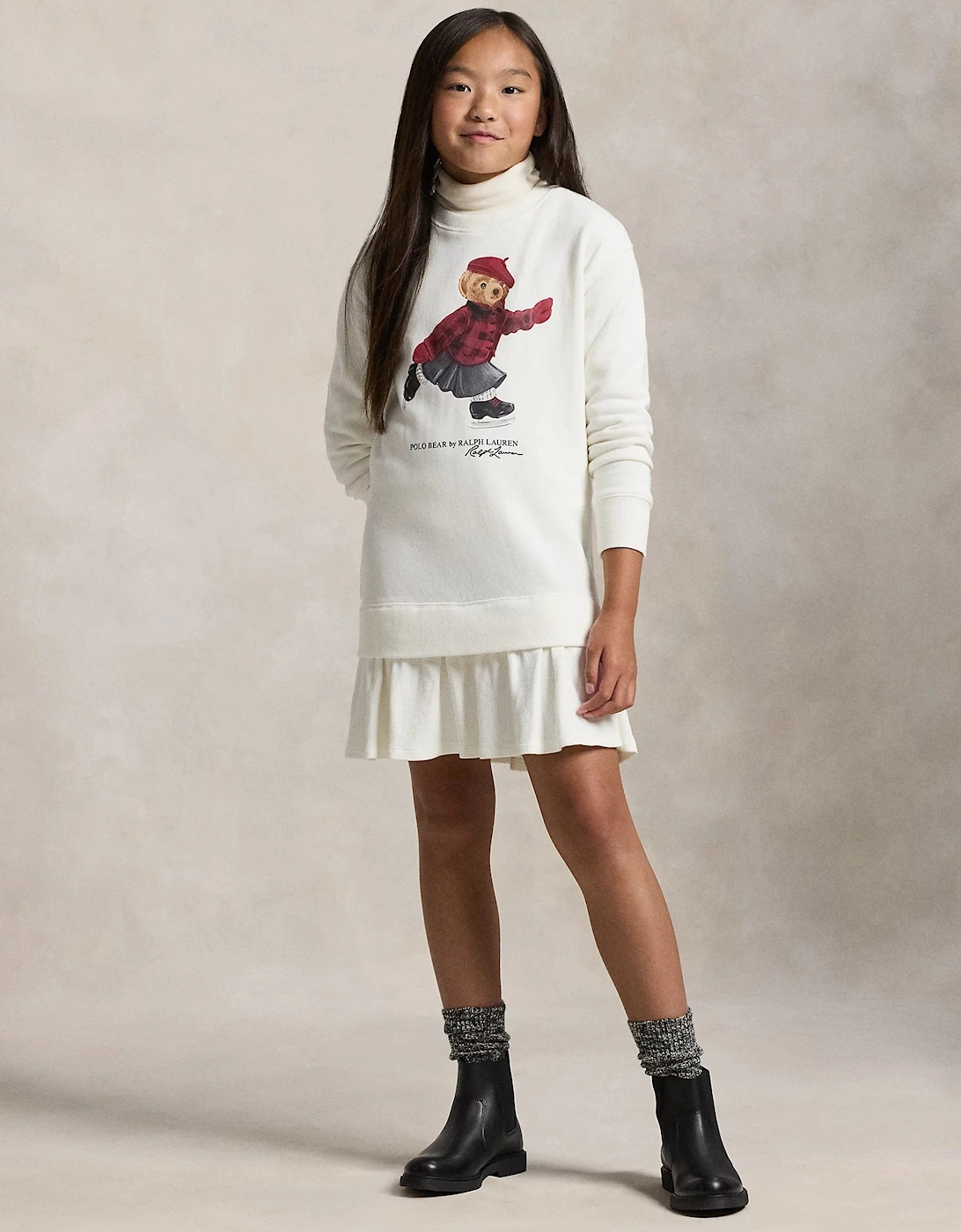 Girls Polo Bear Sweater Dress in Ivory