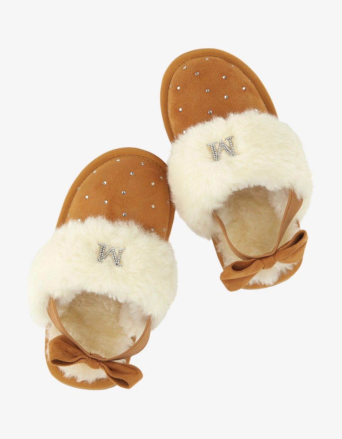 Girls Suede Slippers With Rhinestones in Beige