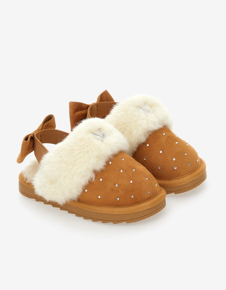 Girls Suede Slippers With Rhinestones in Beige