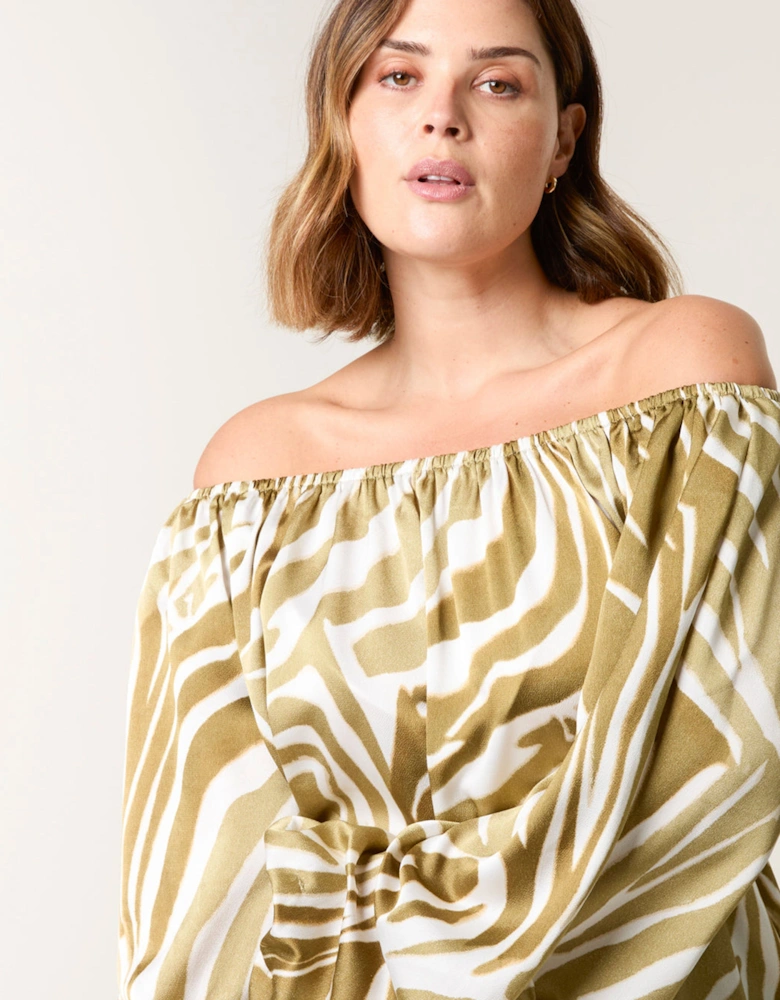 Khaki Curve Zebra Satin Ruched Bardot Top