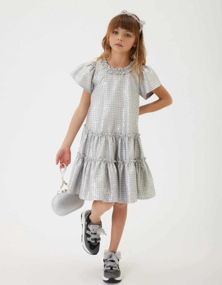 Girls Houndstooth Jacquard Dress in Silver