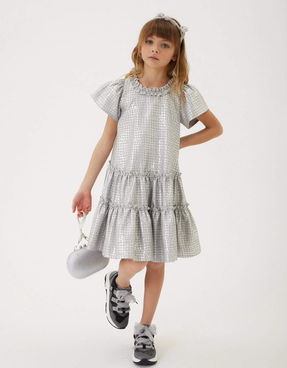 Girls Houndstooth Jacquard Dress in Silver, 6 of 5