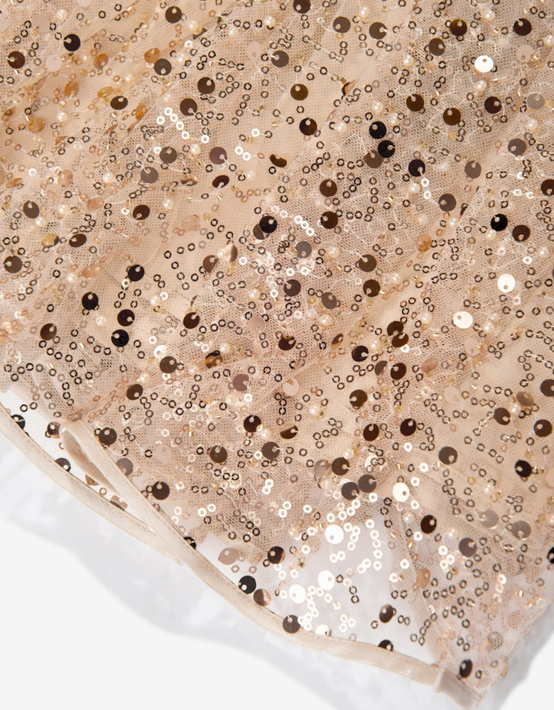 Girls Sequin Tulle Dress in Beige