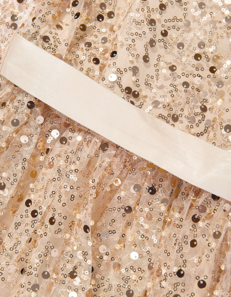 Girls Sequin Tulle Dress in Beige