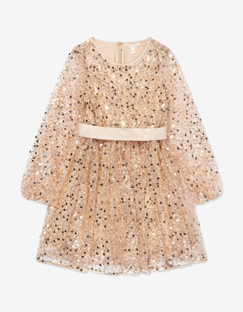 Girls Sequin Tulle Dress in Beige