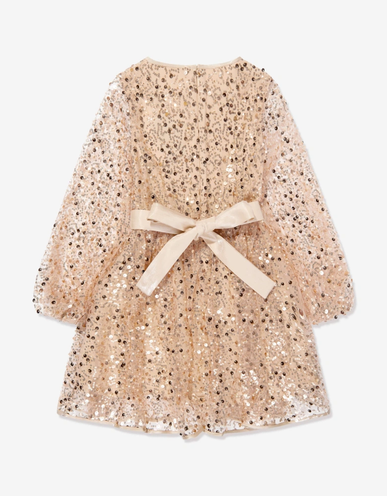 Girls Sequin Tulle Dress in Beige