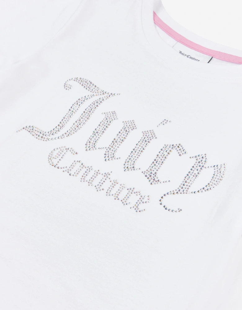 Girls Diamante Logo Fitted T-Shirt in White