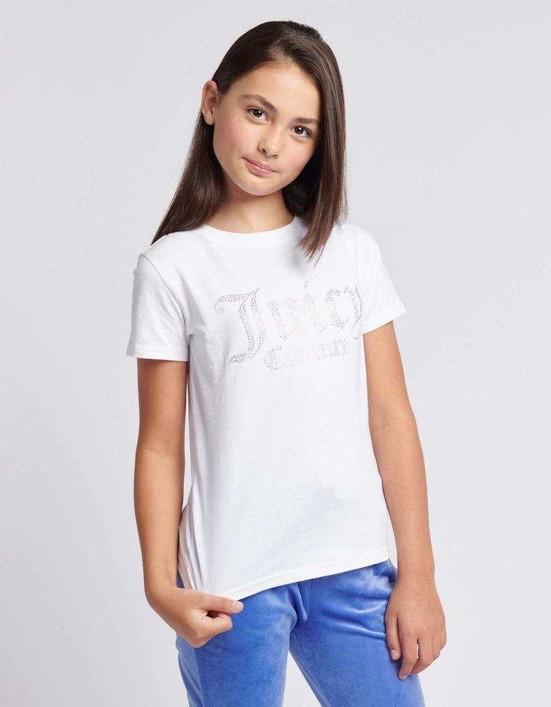 Girls Diamante Logo Fitted T-Shirt in White