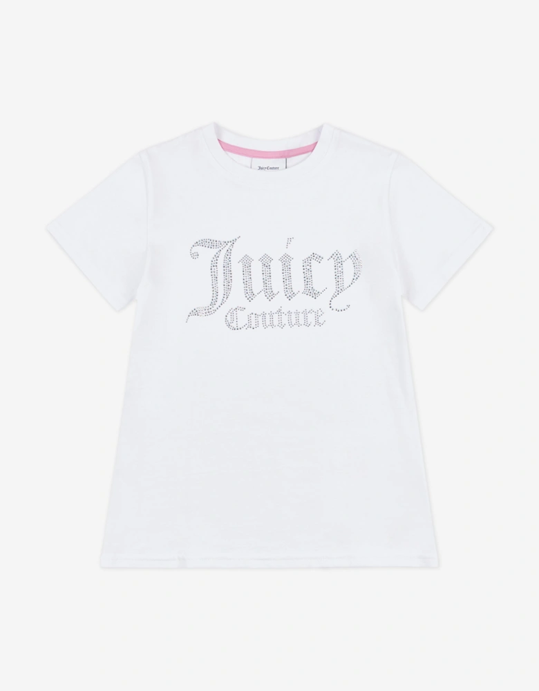 Girls Diamante Logo Fitted T-Shirt in White