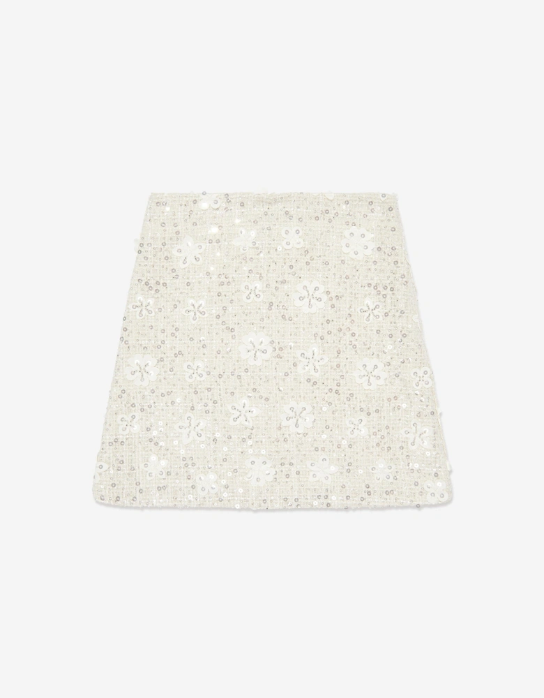 Girls Sequin Embroidered Skirt in White