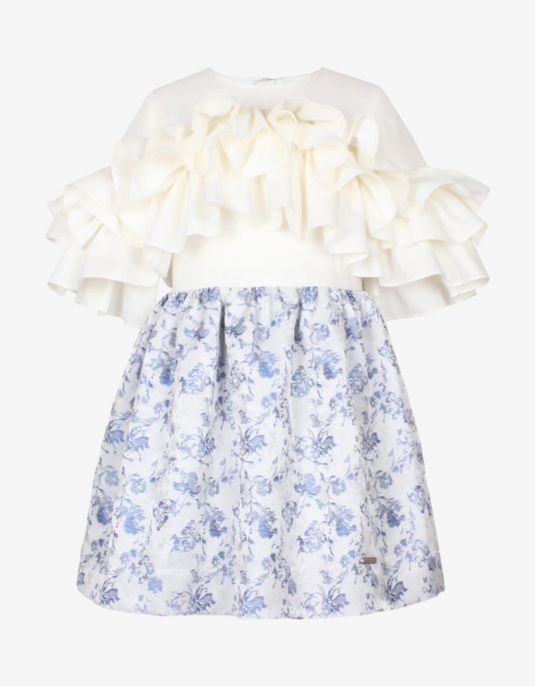 Girls Floral Jacquard Flutterby Ruffle Dress In Blue