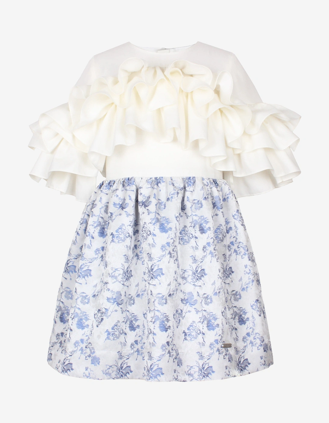 Girls Floral Jacquard Flutterby Ruffle Dress In Blue, 5 of 4